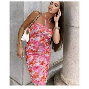 Zara Floral Printed Tulle Dress Off-Shoulder Pink 5039/680 Bloggers Small